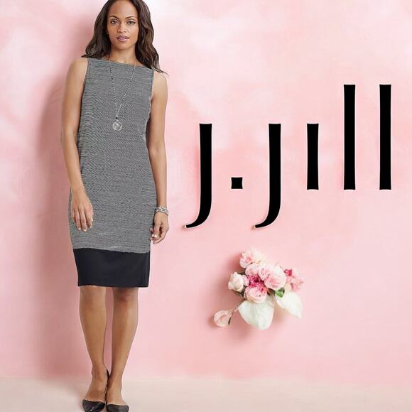 J. JILL Wearever Collection‎ Black Tan Stripe Shift Tank Dress PETITE Medium MP - Picture 1 of 10